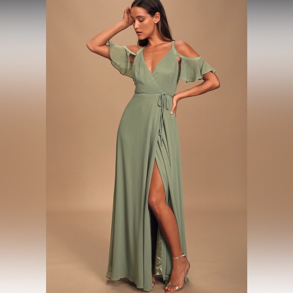 Easy Listening Sage Green Cold-Shoulder Wrap Maxi Dress - Picture 2 of 7